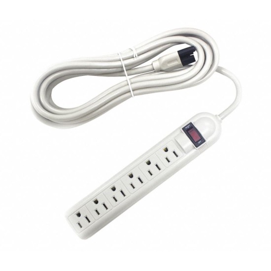 125VAC,Surge Protector Outlet Strip, 6 Total Number of Outlets, White, 15 ft., 250 Rated Joules ,5pcs/box