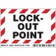 3.5 in (H) x 5 in (W) x 0.006 in (D),Lock-out point label, P/N: 86204 (5 labels/pack) 