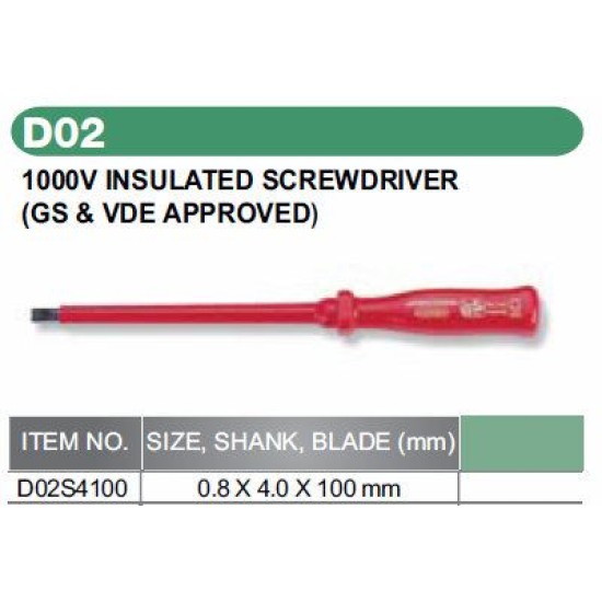 1000V INSULATED SCREWDRIVER SIZE: 0.8 X 4.0 X 100MM