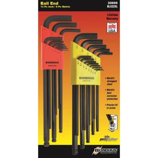 20699, BLX22XL ,Extra Long ,Ball End L-Wrench Sets ,0.050-3/8" + 1.5-10mm