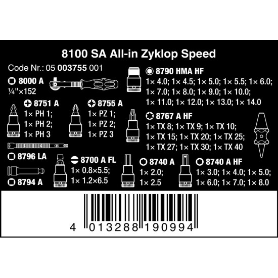 M045 ,8100 SA All-in Zyklop Speed Ratchet Set, 1/4" drive, with holding function, metric