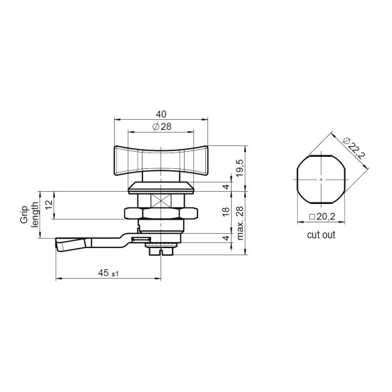 20mm X 22.2mm Hole, 40mm Plastic Handle Door Lock