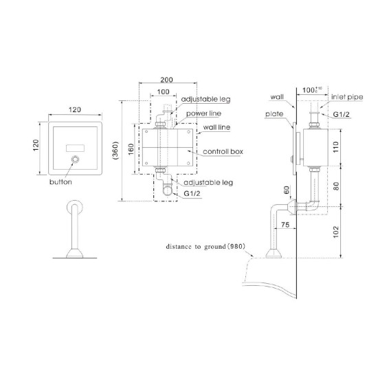 Akron IU-115AD sensor in-wall box type urinal flush valve with override button A2392