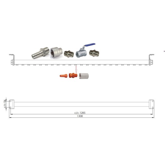 Air Knife 1 1/2" SUS Round Pipe Total Length 1285mm , Air In 62mm Hose ,21pcs X 1/4" PVC Nozzle