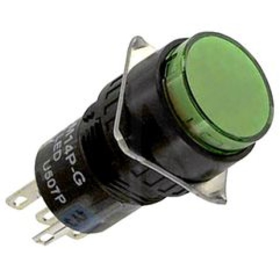 Green ,Idec AL6M-M14G, IDEC 16MM ROUND LED ILL. P/B MOMENTARY SPDT 24V AC/DC 