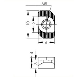 PROFILE NUT, M5 ,PS20-RN5-6, Length 10mm X Width 6mm X Total Height 4mm
