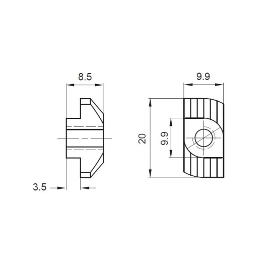 PROFILE NUT, M6 ,PS45-RN6-10 , 19mm X 9.9mm X 5.6mm