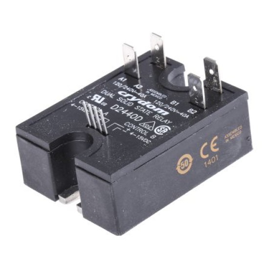 Solid State Relay, DPST-NO, 40 A, 280 VAC, Panel, Quick Connect, Zero Crossing 