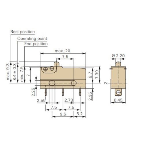 Micro Switch, Solder Terminal, 100 mA/250V , Cherry ,20mmX 9.65mm X Button Height 1.8mm, Flat Pin Height 3.2mmX 2.8 W