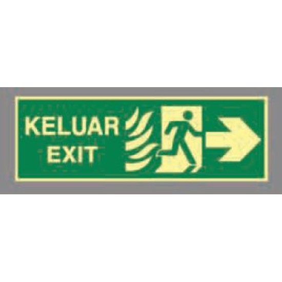 Photoluminescent type emergency eascape signs ,Rigid Plastic Sheet KELUAR -Right ,450mm (W)  x 150mm (H)) 