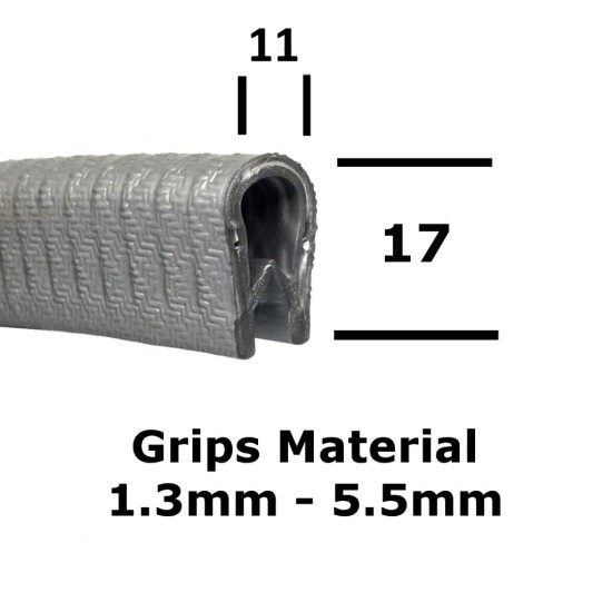 GROOVE 5.5MM Thickness ,11mm(W) x 17mm(H) ,U-Shaped Metal Base, Edge Trim Rubber Seal, Protection, 15mtr