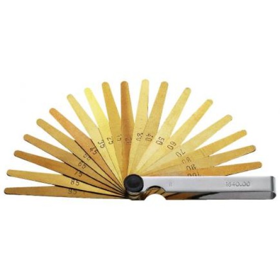 Set of 19 feeler gauges (tapered tip): 10/100 -- 100/100 mm. Blade length: 100 mm. Brass blades.