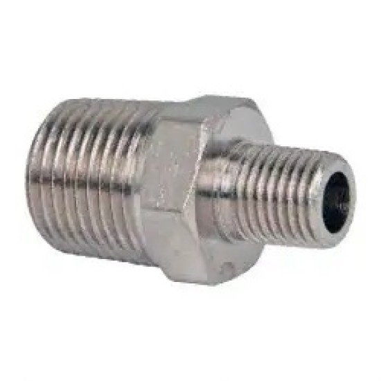 Steel, Reducer Nipple Thread, Taper Male thread ¼"x19G X  Thread 1/8" 28G