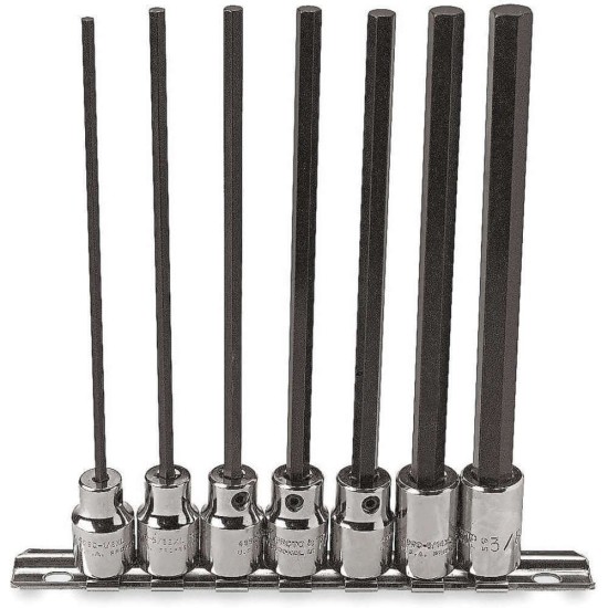 1/8",5/32",3/16",7/32",1/4",5/16",3/8",Bar 6-1/4",3/8" Drive 7pc Hex Bit Set ,5"(125mm) XOL 6-3/32"(152mm)