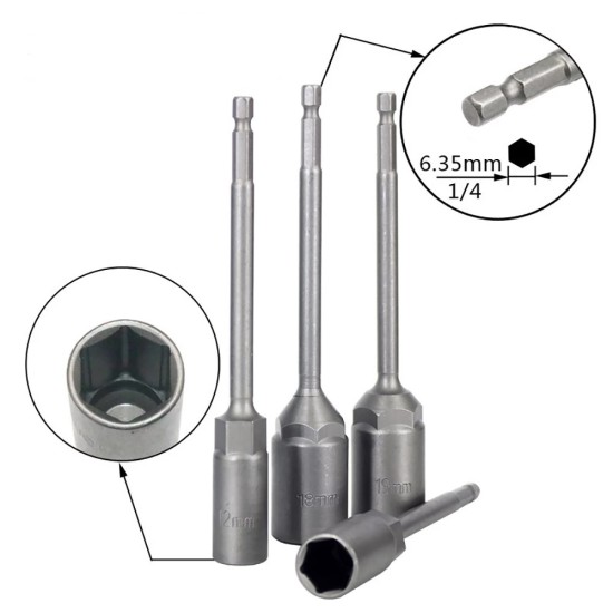 M8X 1/4" X150mm Hex Shank Length Deepen Power Nut Driver , 5pcs/pkt