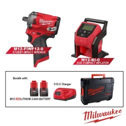 MILWAUKEE M12FIWF12-302 M12 FUEL 1/2" STUBBY IMPACT WRENCH (339NM) + M12 BI-0 M12 FUEL COMPACT INFLATOR (BARE TOOL) MILWAUKEE M12FIWF12-302 M12 FUEL 1/2" STUBBY IMPACT WRENCH (339NM) + M12 BI-0 M12 FUEL COMPACT INFLATOR (BARE TOOL)