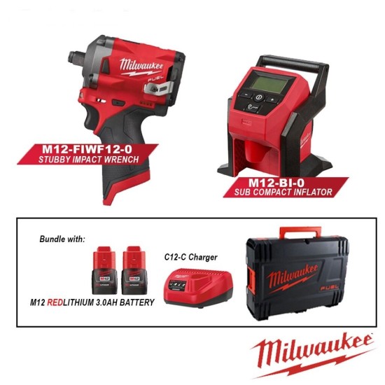 MILWAUKEE M12FIWF12-302 M12 FUEL 1/2" STUBBY IMPACT WRENCH (339NM) + M12 BI-0 M12 FUEL COMPACT INFLATOR (BARE TOOL)