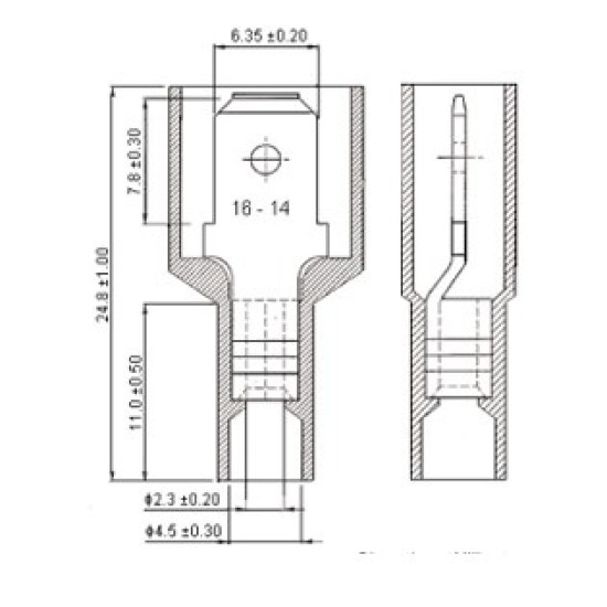 Insulated Crimp Terminal Spade Blue, 1/4" Flat Pin,Male Quick Disconnect, 6.35mm x 0.81mm, 0.25" x 0.032", 16 AWG,100pcs/pkt