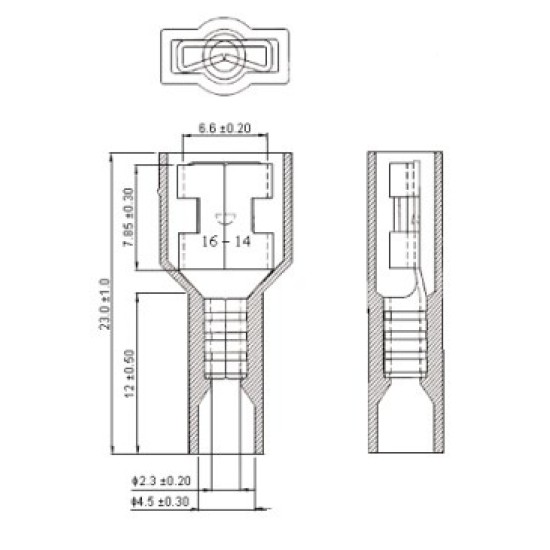 Insulated Crimp Terminal Spade Blue, Female Quick Disconnect, 6.35mm x 0.81mm, 0.25" x 0.032" ,100pcs/pkt