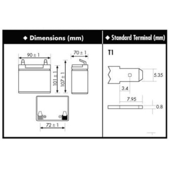 MSB SLA battery, model: MS 12-5.5, 12V, 5.5 Ah, Dimension: width 90mm x depth 70mm x H 107mm 