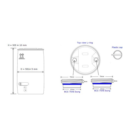 220 LITER L-RING DRUM C/W BUNG WITH 206., 2 CAP