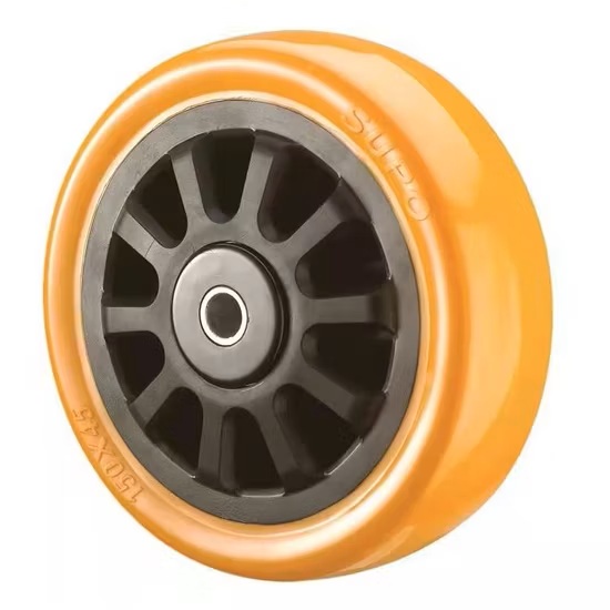 6”/150mmx45mm, X Centre width 60mm, ID 12mm, Heavy Duty Orange PU Wheel only, Load: 350kg 
