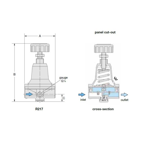 Precision Regulator Without Constant Bleed,Up to 16bar outlet Pressure ,02B One Way Regulator , A:82mm , B: 148mm