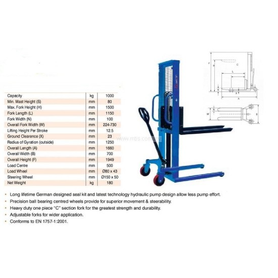 Manual Hydraulic Stacker ,Capacity 1000kg , Fork Length 1150mm, 