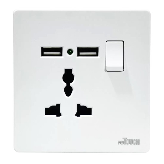 13amp Multiple Switch Socket Double USB Outlet C/W Neon (2.1mah), White Colour