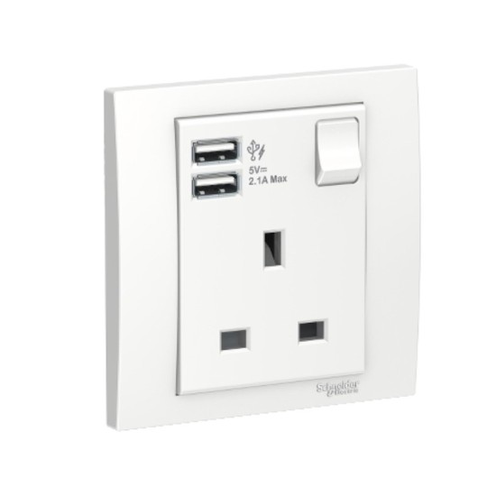 Power socket outlet+USB charger, Vivace, 13A, 1 gang, white, Sirim