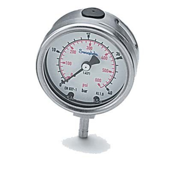 Industrial Pressure Gauge, Adj Pointer, 63 mm, 0 to 30 psi, bar secondary, Lower Mount, 1/4 in. Tube Adapter