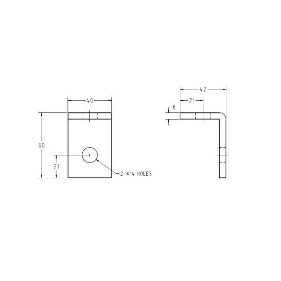 SS316 Angle Fitting, 6 T X 40 W X 60 L1 X 42 L2 X 2 NOs X 12 Ã¸ 