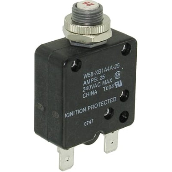 Thermal Circuit Breaker, Push Reset, W58 Series, 25 A, 1 Pole, 50 VDC, 250 VAC, Panel 