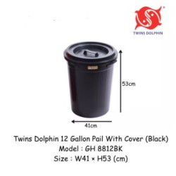 Twin Dolphin, 12 gallon Black Dustbin ,53cm Height X 41cm Diameter