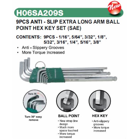 9 PCS ANTI-SLIP EXTRA LONG ARM BALL POINT HEX KEY SET (SAE)