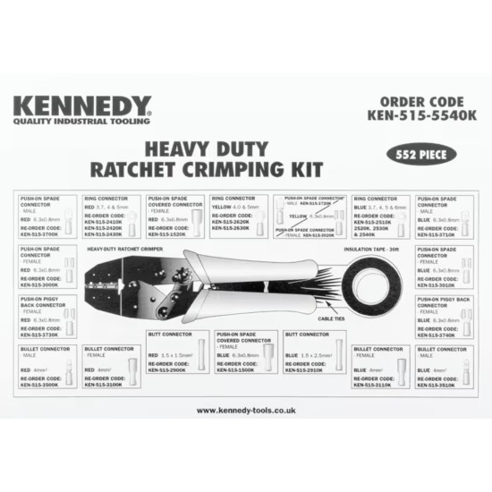 Kennedy Crimping Tool Kit for Insulated Terminals, Red Connector: 0.5 - 1.00mm², Blue Connector: 1.5 - 2.5mm², Yellow Connector: 4.0 - 6.0mm², 220mm Overall Length