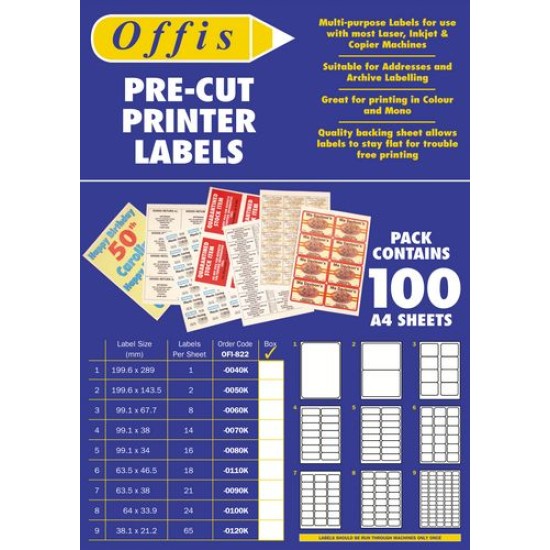 PRE-CUT PRINTER LABELS, SIZE:63.5X38MM,QTY:21 SHEETS