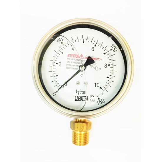 PRESSURE GAUGE, DIA: 4", RANGE: 10 kgf/cm²  &amp; 150 PSI, INTERNAL BRASS,CONN: 1/2" BSPT 