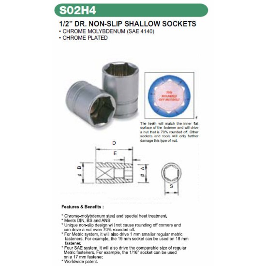 1/2" DR.NON-SLIP SHALLOW SOCKETS 22 METRIC