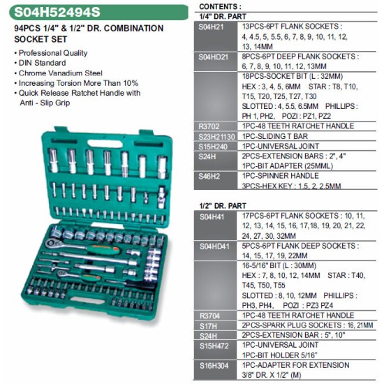 94PCS 1/4" &amp; 1/2" DR COMBINATION SOCKET SET