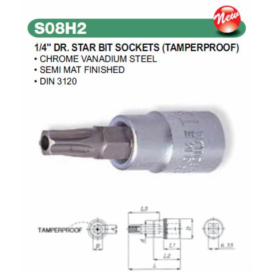 1/4" DR. STAR BIT SOCKETS (TAMPERPROOF) T6