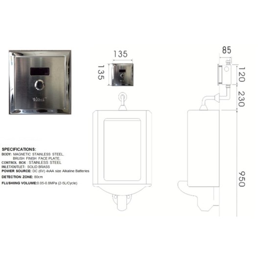 VT4404ADM,135mm X135mm, Valtech Sensor Urinal Flusher 