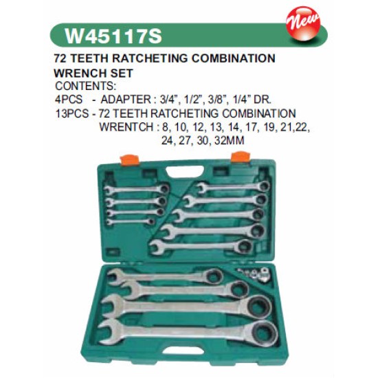 72 TEETH RATCHETING COMBINATION WRENCH SET 13pcs,8,10,12,13,14,17,19,21,22,24,27,30,32mm