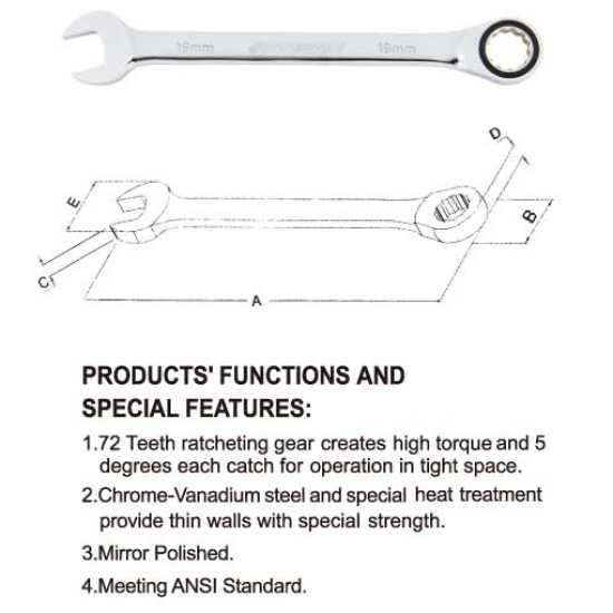 72 TEETH RATCHETING COMBINATION WRENCH 22MM