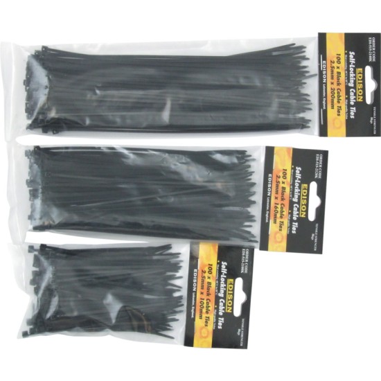 Edison.Cable Ties, Black, 2.5x200mm (Pk-100)