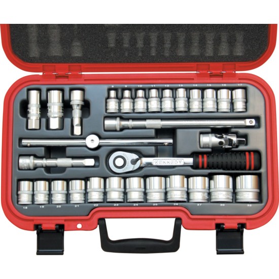 1/2in. Socket Set, Metric, Set of 30 ,8, 9, 10, 11, 12, 13, 14, 15, 16, 17, 18, 19, 20, 21, 22, 23, 24, 25, 26, 27, 30, 32mm